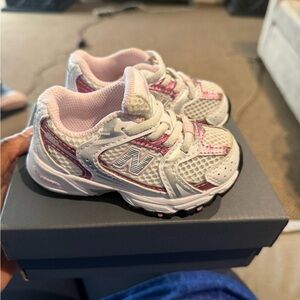 New Balance Kids White and Pink Mesh Athletic Sneakers